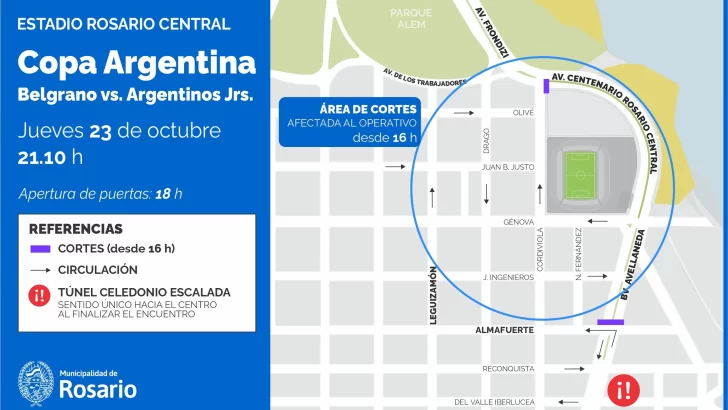 Habrá cortes y desvíos de tránsito por el partido de Belgrano y Argentinos Juniors en el Gigante de Arroyito