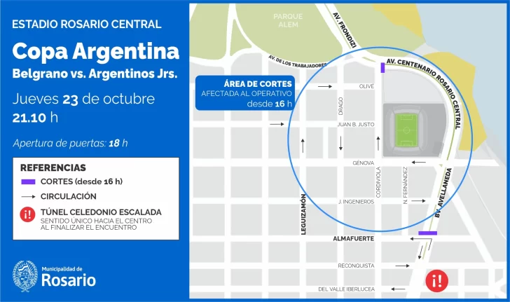 Habrá cortes y desvíos de tránsito por el partido de Belgrano y Argentinos Juniors en el Gigante de Arroyito Habrá cortes y desvíos de tránsito por el partido de Belgrano y Argentinos Juniors en el Gigante de Arroyito